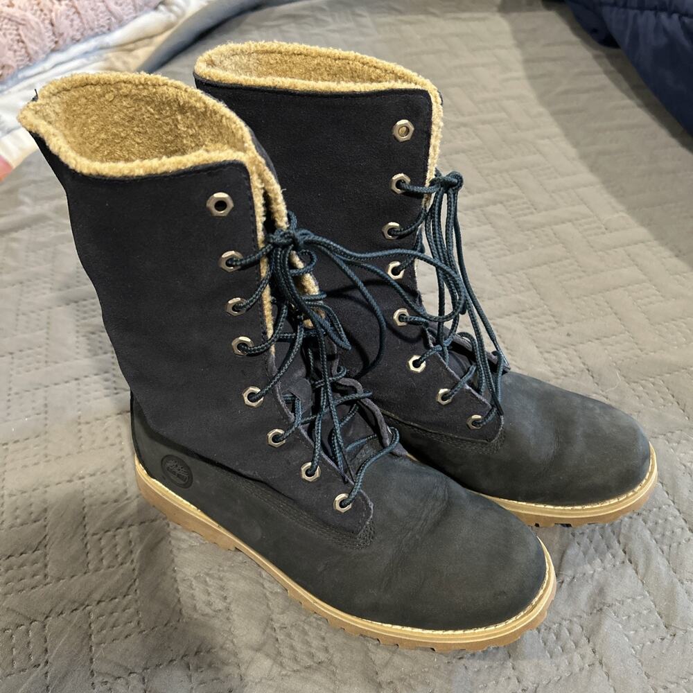 Teens Sz 4.5 Timberland Shearling Lined fold down lace up boots navy blue Wool